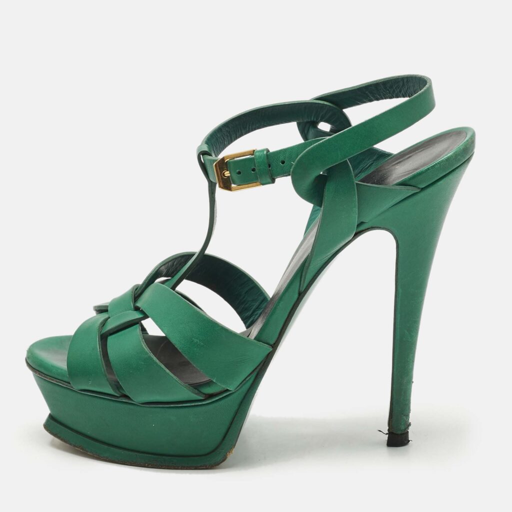 Saint Laurent Green Leather Tribute Platform Sandals Size 36.5 Saint Laurent Green Leather Tribute Platform Sandals Size 36.5