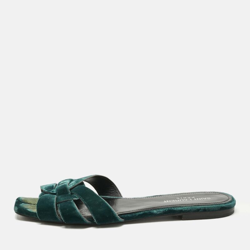 Saint Laurent Paris Green Velvet Tribute Flat Slide Size 38.5 Saint Laurent Paris Green Velvet Tribute Flat Slide Size 38.5
