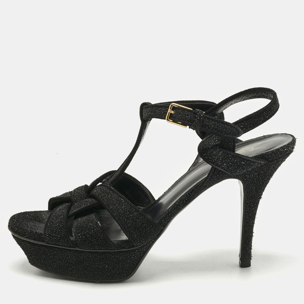 Saint Laurent Black Metallic Embossed Suede Tribute Platform Sandals Size 39 Saint Laurent Black Metallic Embossed Suede Tribute Platform Sandals Size 39
