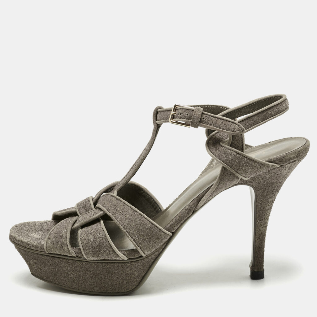 Saint Laurent Taupe Grey Metallic Embossed Suede Tribute Platform Sandals Size 39.5