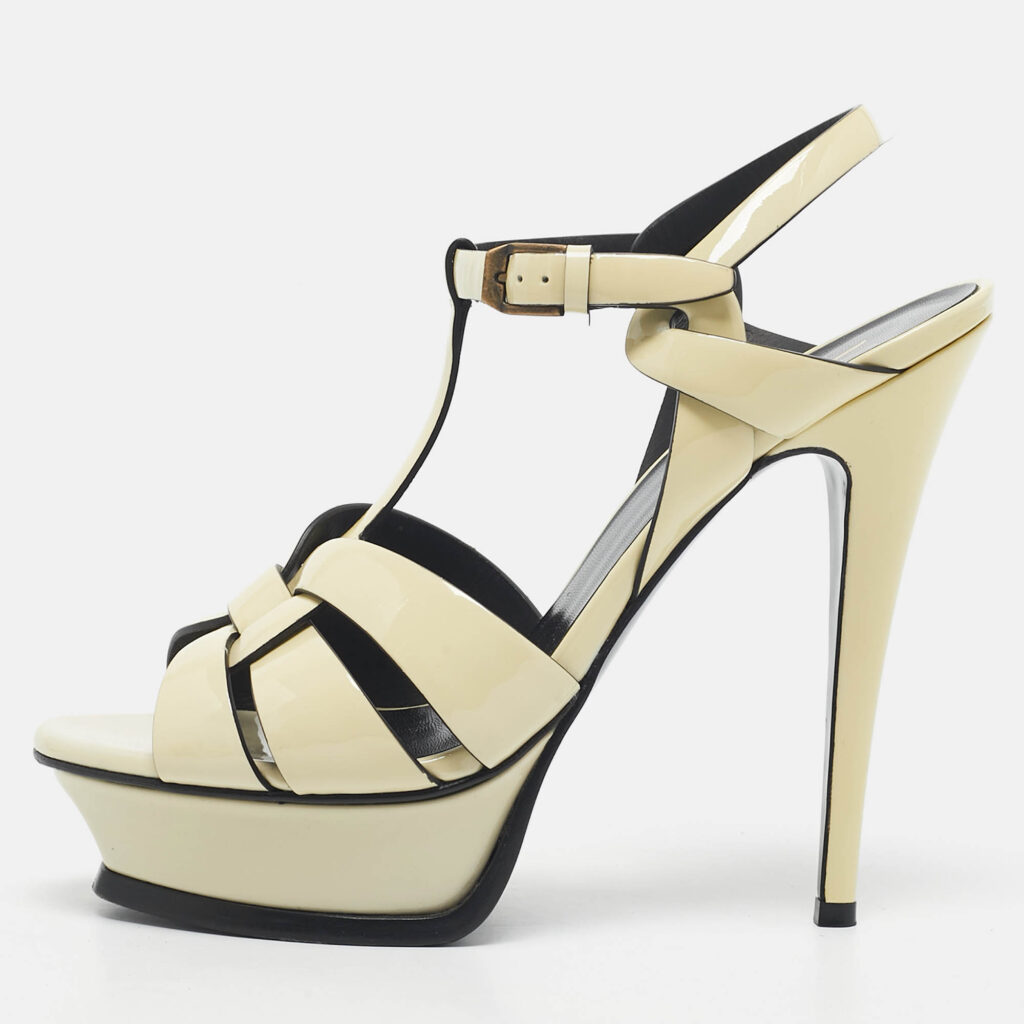 Saint Laurent Cream Patent Leather Tribute Platform Sandals Size 37.5 Saint Laurent Cream Patent Leather Tribute Platform Sandals Size 37.5