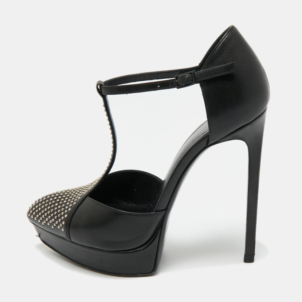 Saint Laurent Black Leather Studded T-Bar Janis Platform Pumps 36.5 Saint Laurent Black Leather Studded T-Bar Janis Platform Pumps 36.5
