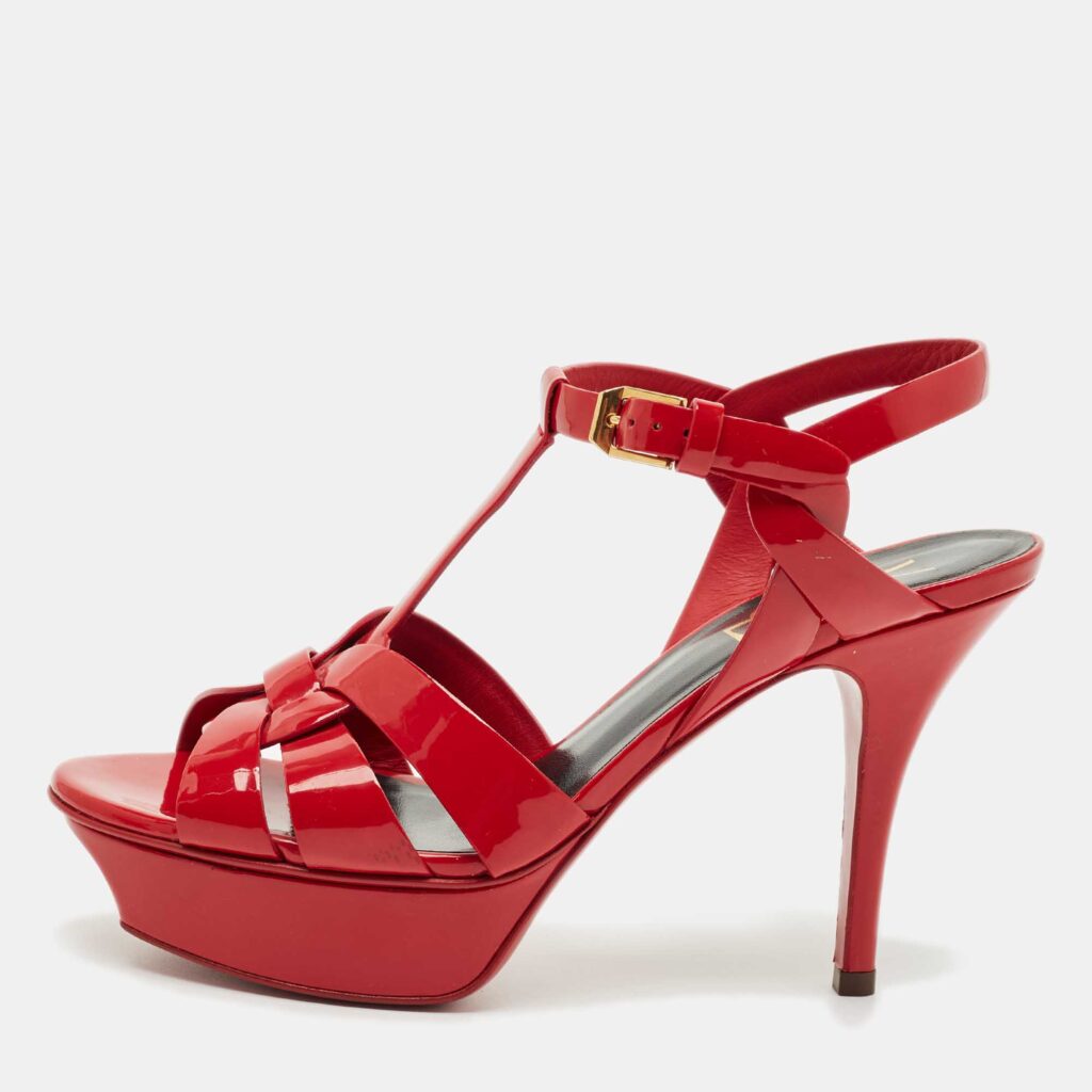 Saint Laurent Dark Red Patent Leather Tribute Platform Sandals Size 36