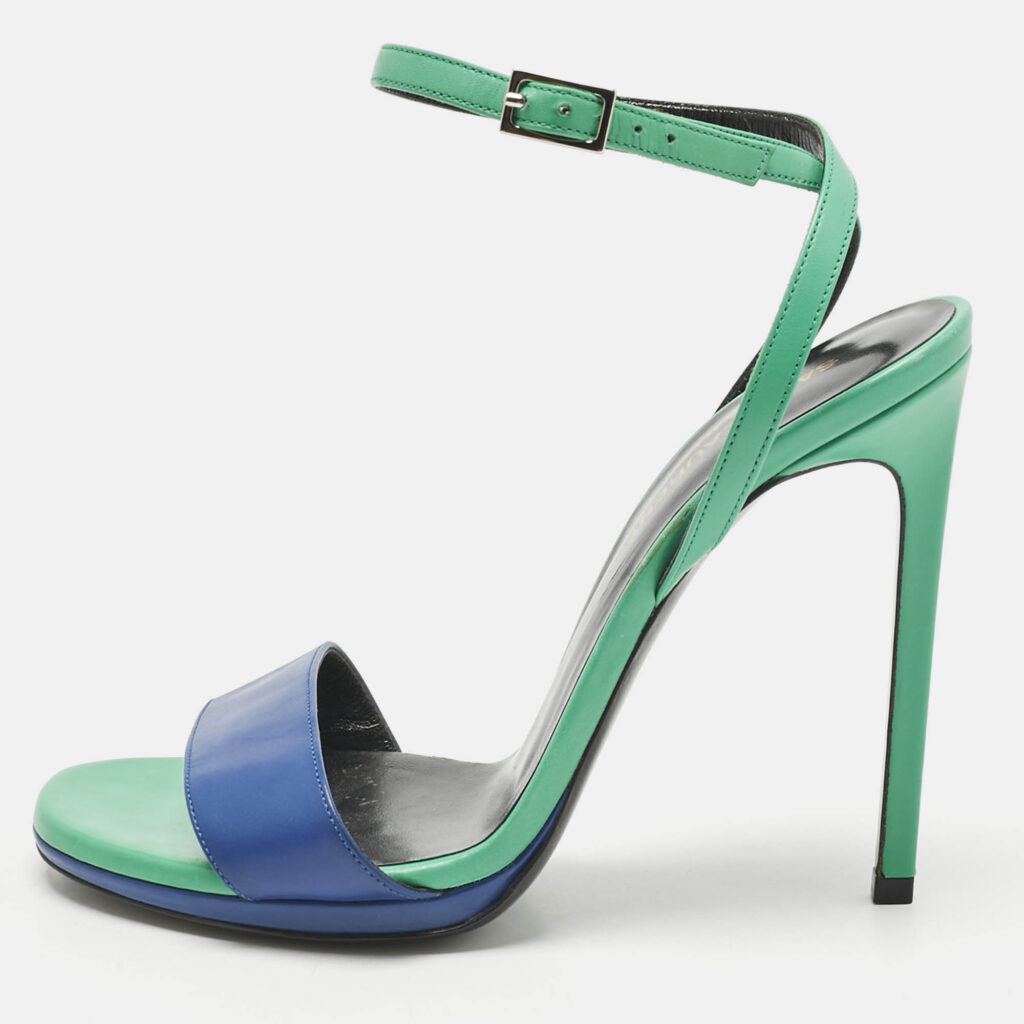 Saint Laurent Paris Blue/Green Leather Jane Ankle Strap Sandals Size 37.5