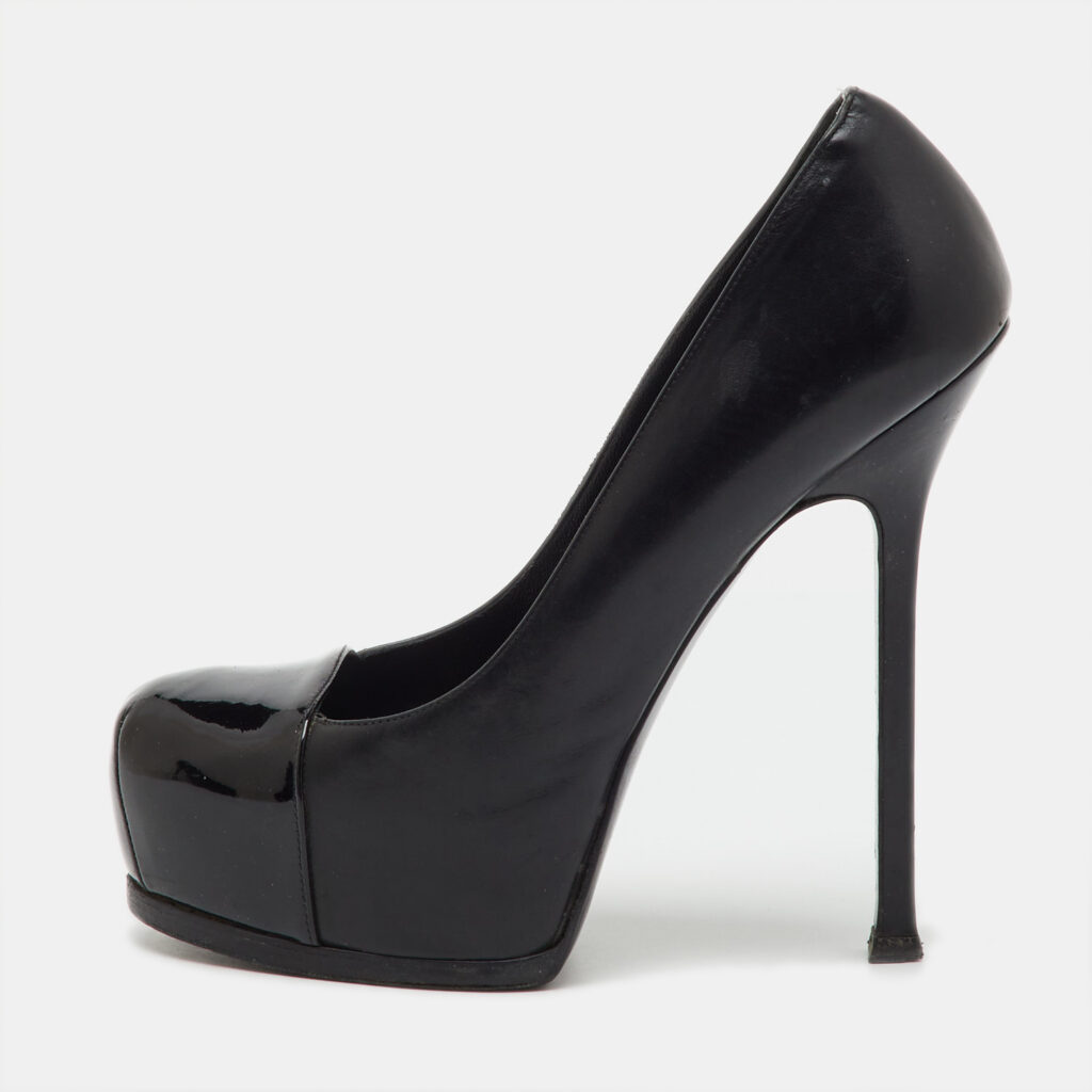 Saint Laurent Black Leather and Patent Leather Cap Toe Tribtoo Platform Pumps Size 38 Saint Laurent Black Leather and Patent Leather Cap Toe Tribtoo Platform Pumps Size 38