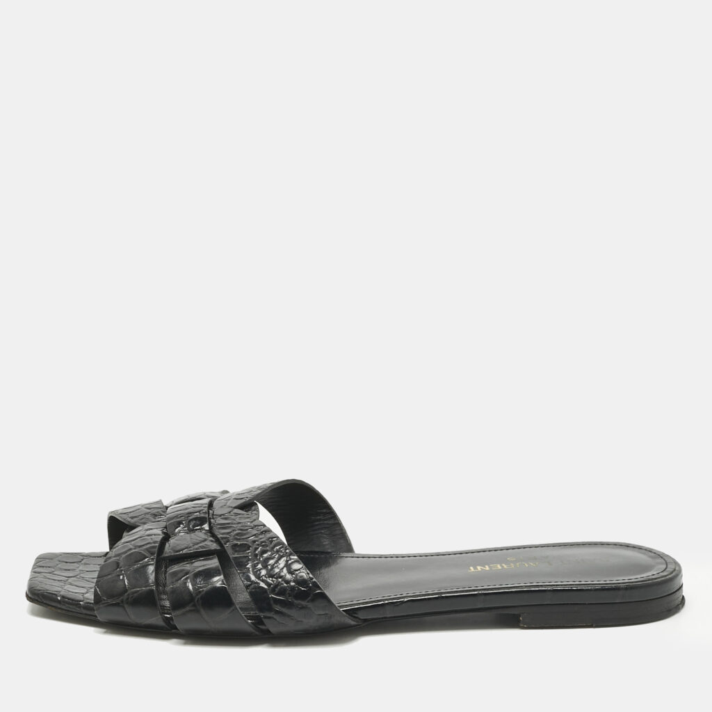 Saint Laurent Black Croc Embossed Patent Leather Tribute Flat Slides Size 38.5 Saint Laurent Black Croc Embossed Patent Leather Tribute Flat Slides Size 38.5