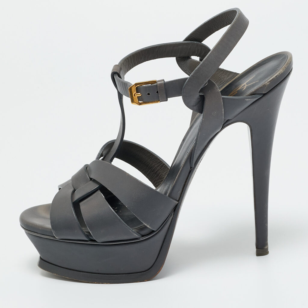 Saint Laurent Grey Leather Tribute Platform Sandals Size 37