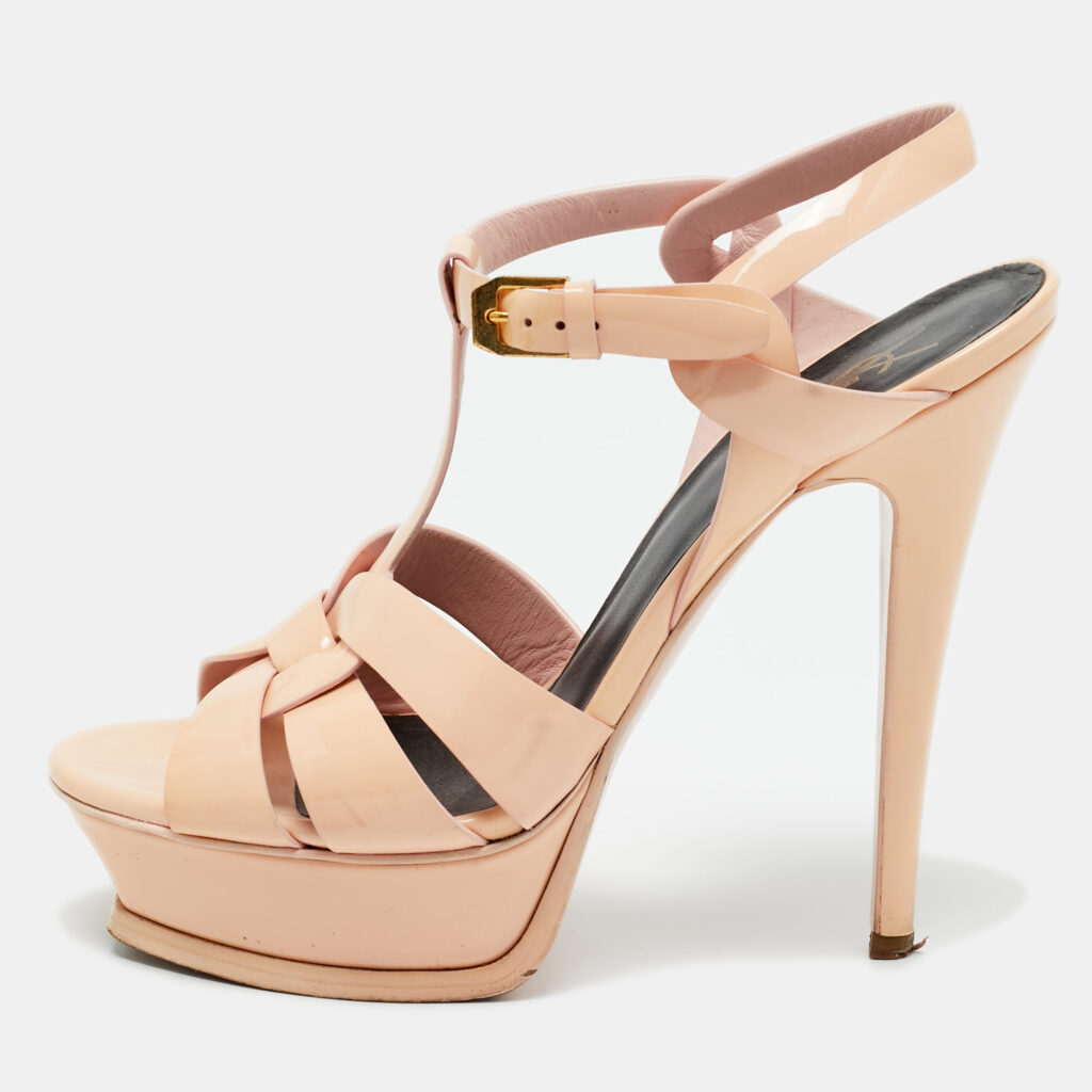 Saint Laurent Beige Patent Leather Tribute Platform Ankle Strap Sandals Size 37 Saint Laurent Beige Patent Leather Tribute Platform Ankle Strap Sandals Size 37
