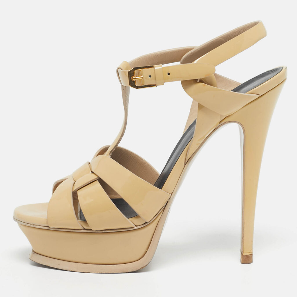 Saint Laurent Beige Patent Leather Tribute Platform Ankle Strap Sandals Size 37 Saint Laurent Beige Patent Leather Tribute Platform Ankle Strap Sandals Size 37