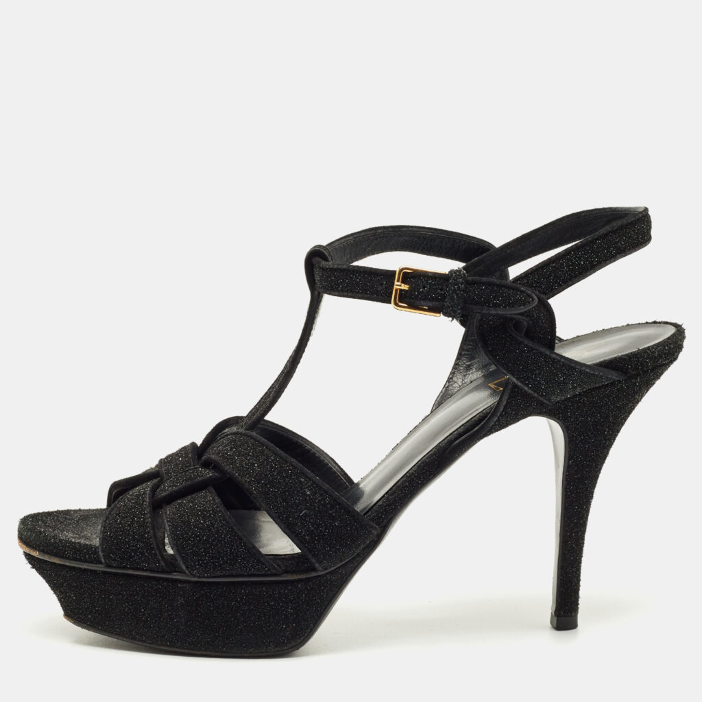 Saint Laurent Black Glitter Suede Tribute Platform Sandals Size 40 Saint Laurent Black Glitter Suede Tribute Platform Sandals Size 40