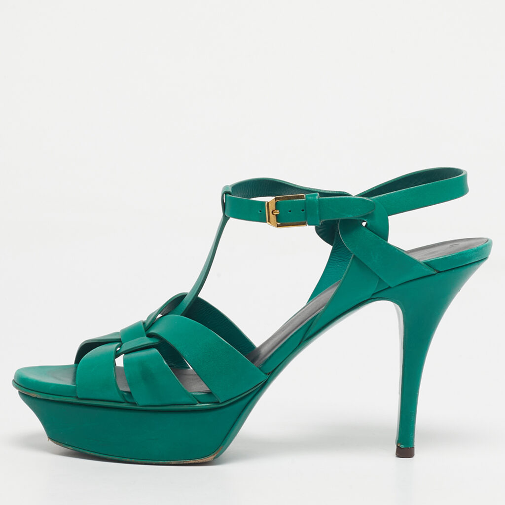 Saint Laurent Green Leather Tribute Platform Sandals Size 39 Saint Laurent Green Leather Tribute Platform Sandals Size 39
