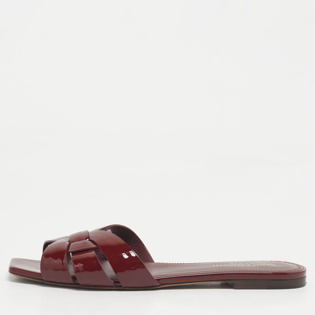 Saint Laurent Burgundy Patent Leather Tribute Flat Slides Size 39 Saint Laurent Burgundy Patent Leather Tribute Flat Slides Size 39