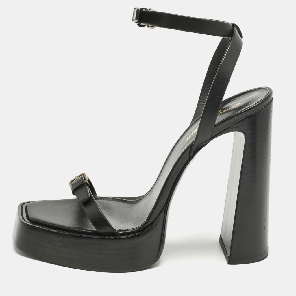 Saint Laurent Black Leather Platz Patform Ankle Strap Sandals Size 40.5