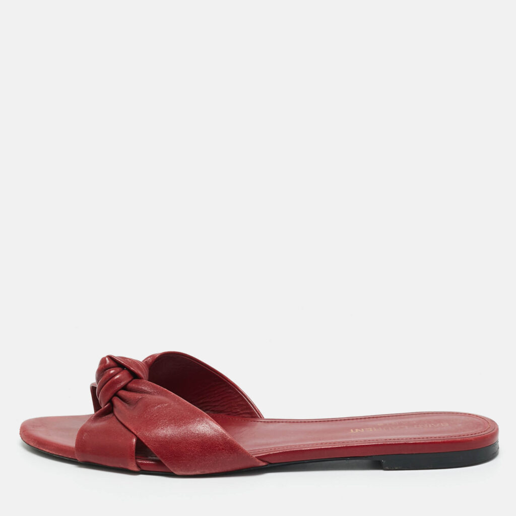 Saint Laurent Red Knotted Leather Bianca Flat Slide Size 40