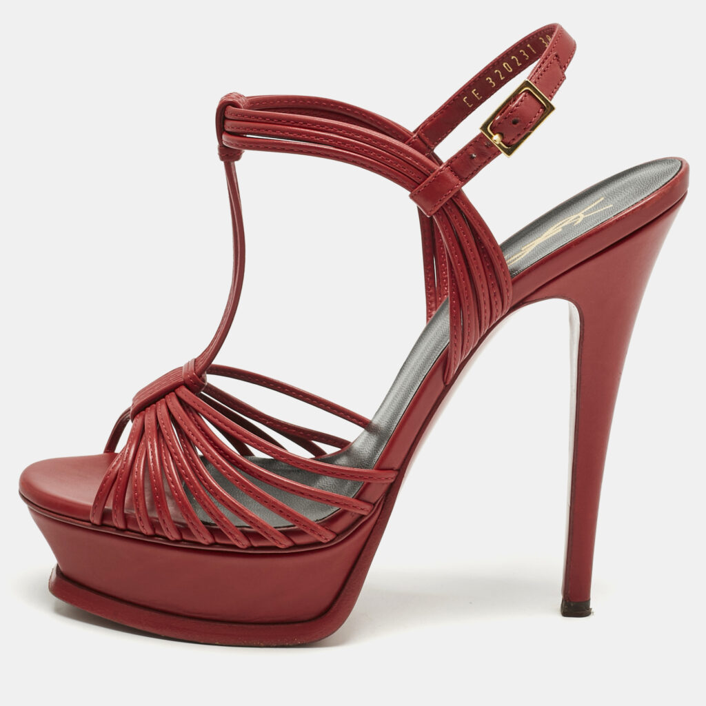 Saint Laurent Red Leather Platform Ankle Strap Sandals Size 38