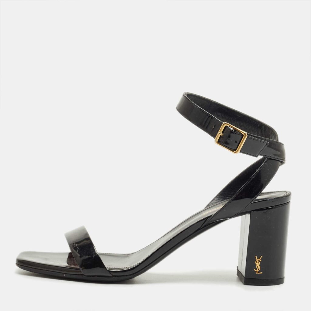 Saint Laurent Black Patent Leather Ankle Strap Sandals Size 39.5