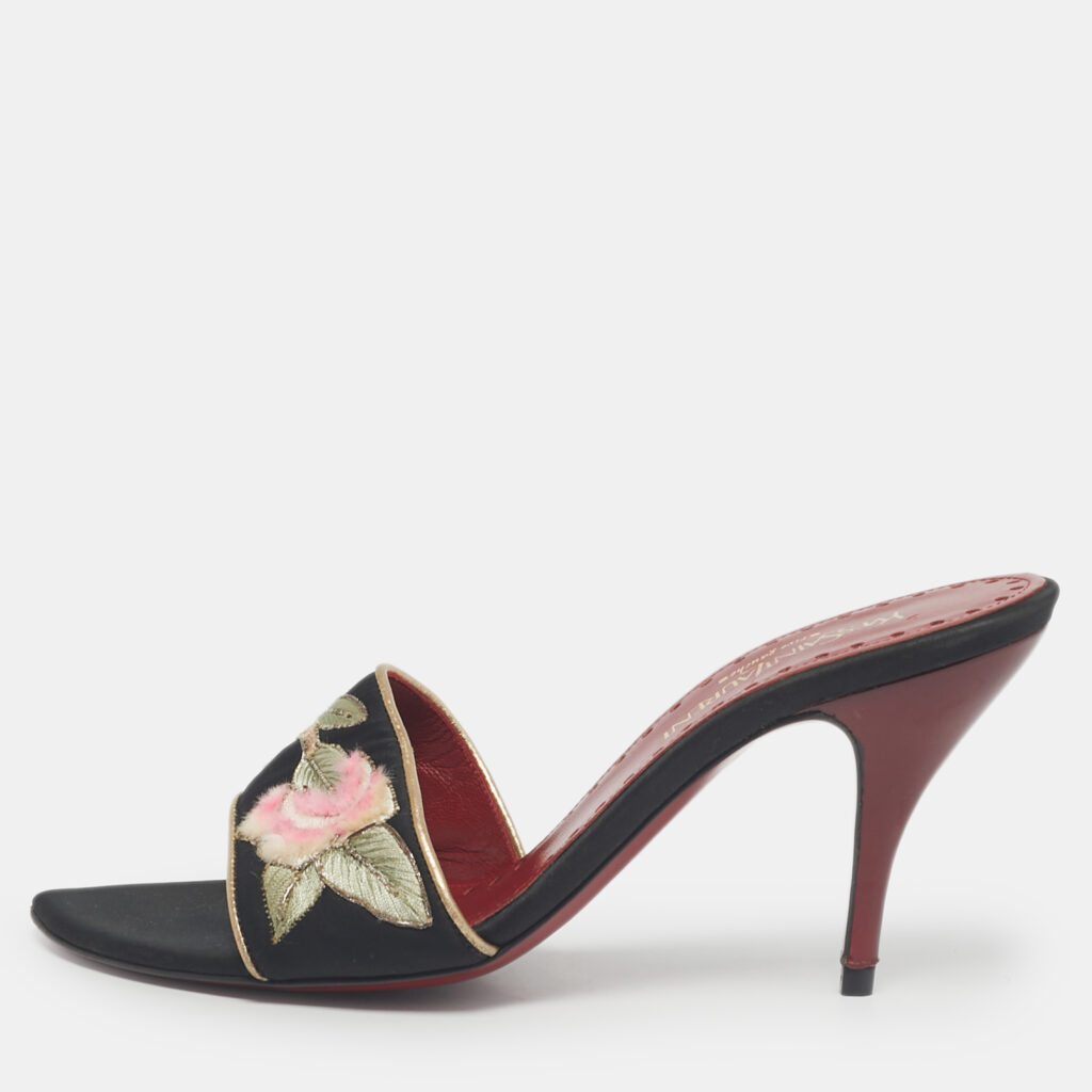 Saint Laurent Black Leather and Satin Flower Embroidered Slide Sandals Size 37.5