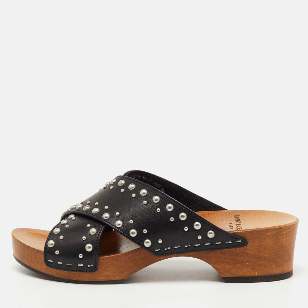 Saint Laurent Black Leather Cross Strap Studded Wood Platform Clogs Size 38