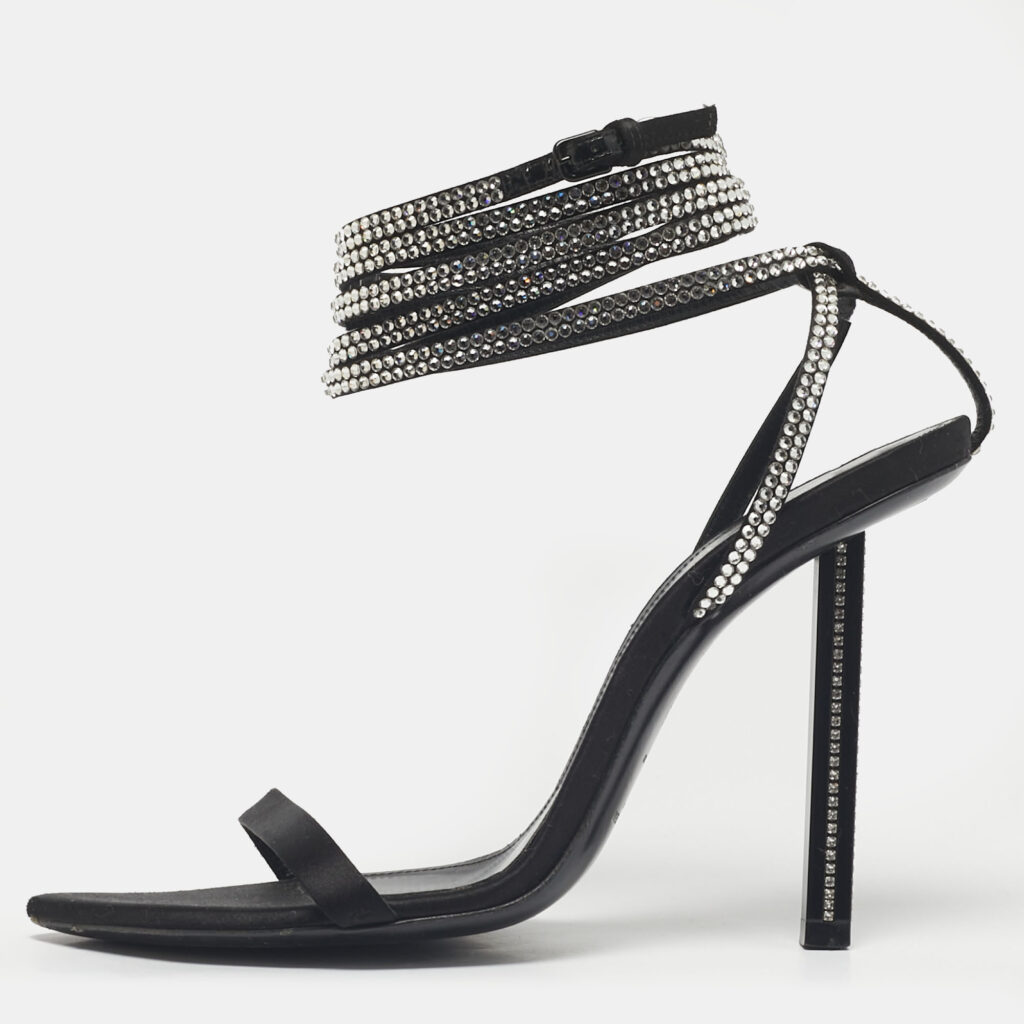 luxury-women-saint-laurent-paris-used-shoes-p1223200-001.jpg Saint Laurent Black Satin Georgia Ankle Strap Sandals Size 38