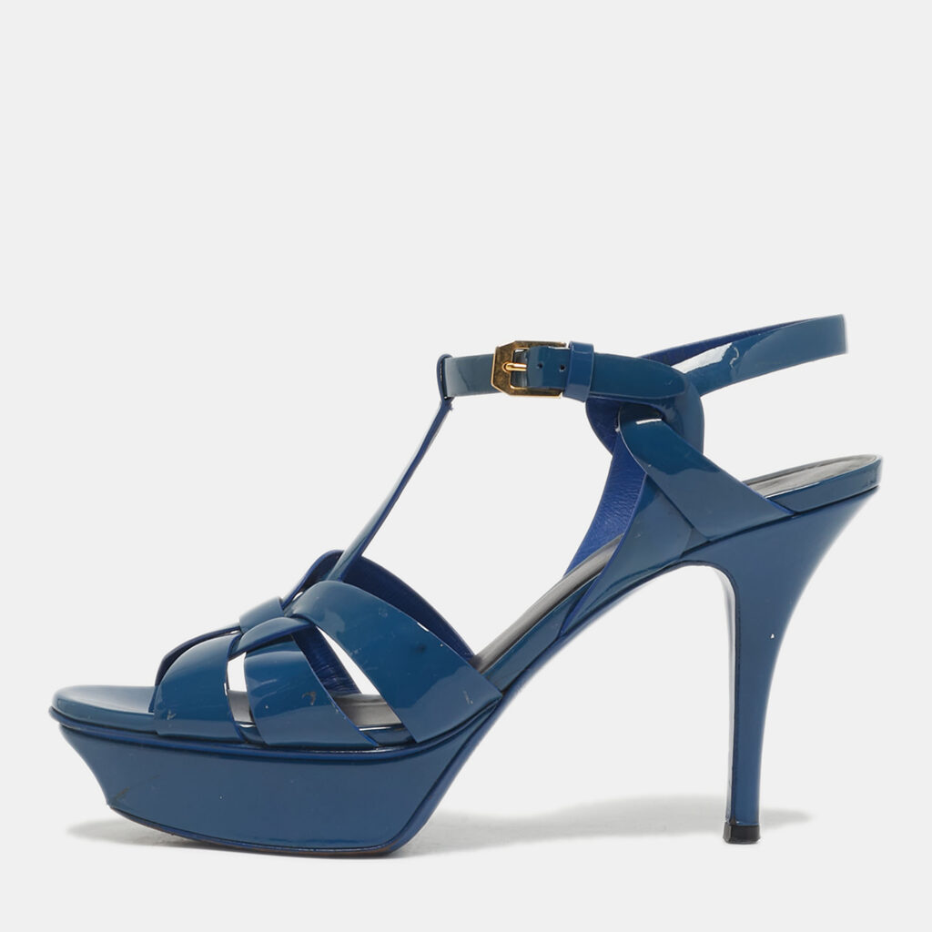 Saint Laurent Paris Blue Patent Leather Tribute Platform Ankle Strap Sandals Size 38