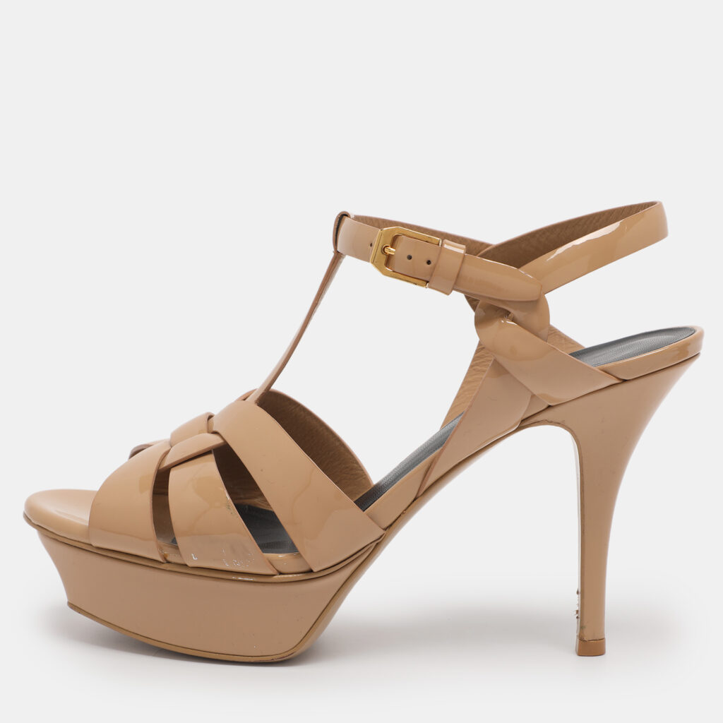 luxury-women-saint-laurent-paris-used-shoes-p1224506-002-1.jpg Saint Laurent Beige Patent leather Tribute Sandals Size 36.5