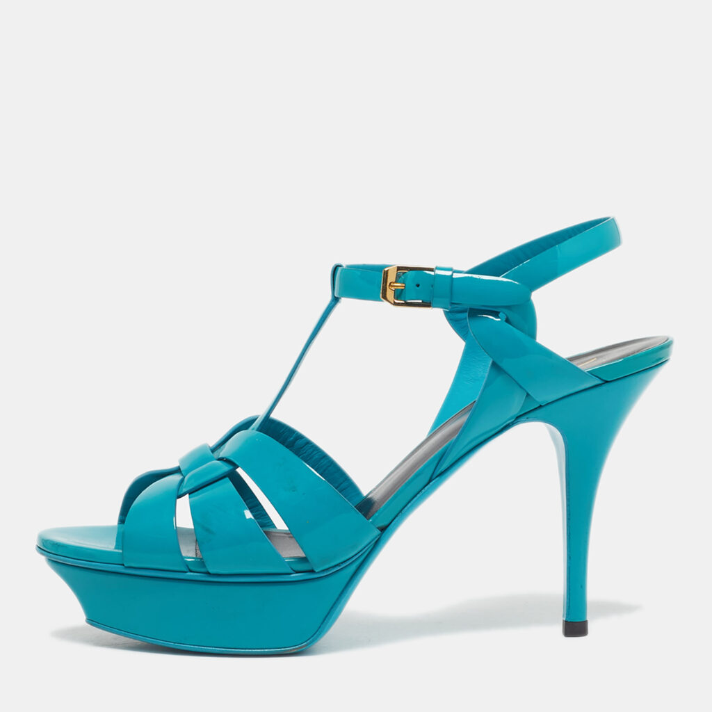 Saint Laurent Blue Patent Leather Tribute Platform Sandals Size 39 Saint Laurent Blue Patent Leather Tribute Platform Sandals Size 39
