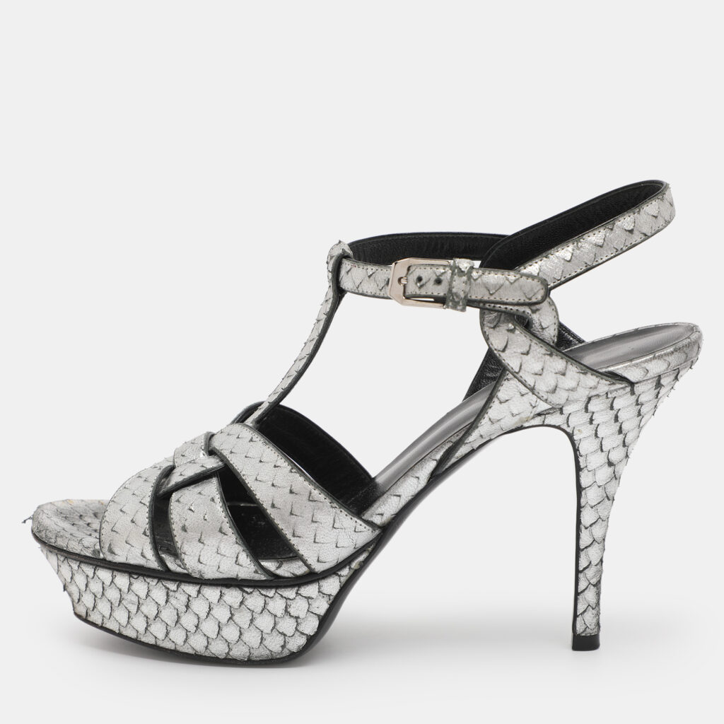 Saint Laurent Paris Silver Faux Snakeskin Leather Tribute Platform Sandals Size 37.5