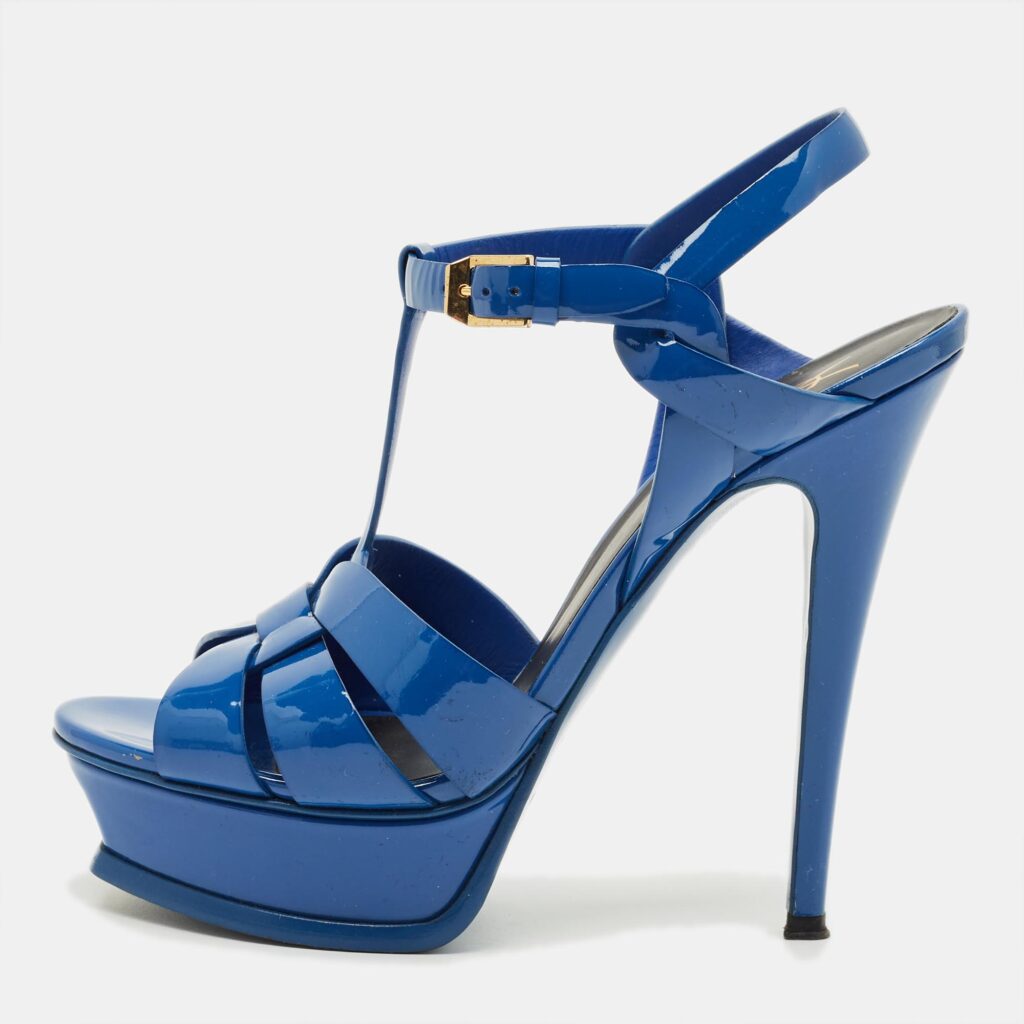 Saint Laurent Blue Patent Leather Tribute Platform Sandals Size 37.5 Saint Laurent Blue Patent Leather Tribute Platform Sandals Size 37.5