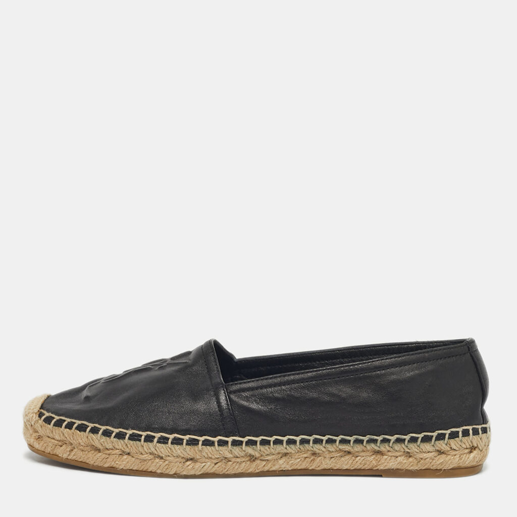Saint Laurent Black Leather Logo Espadrille Flats Size 35