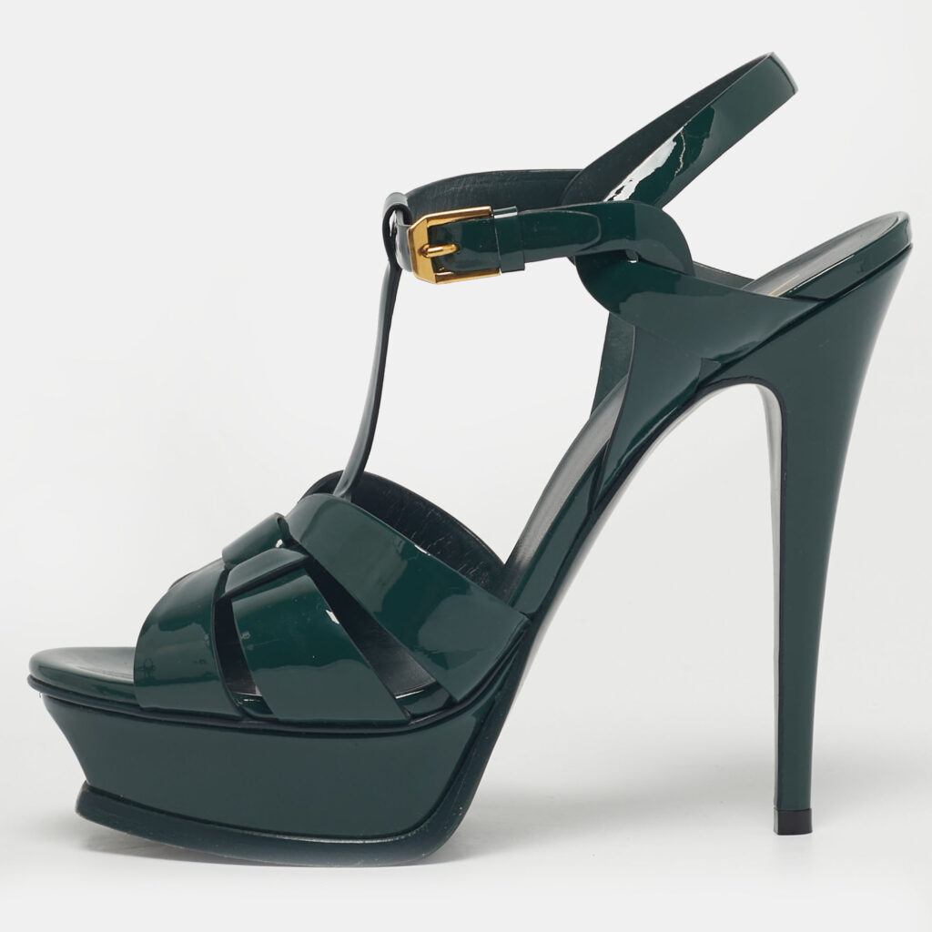 Saint Laurent Green Patent Leather Tribute Platform Sandals Size 38 Saint Laurent Green Patent Leather Tribute Platform Sandals Size 38