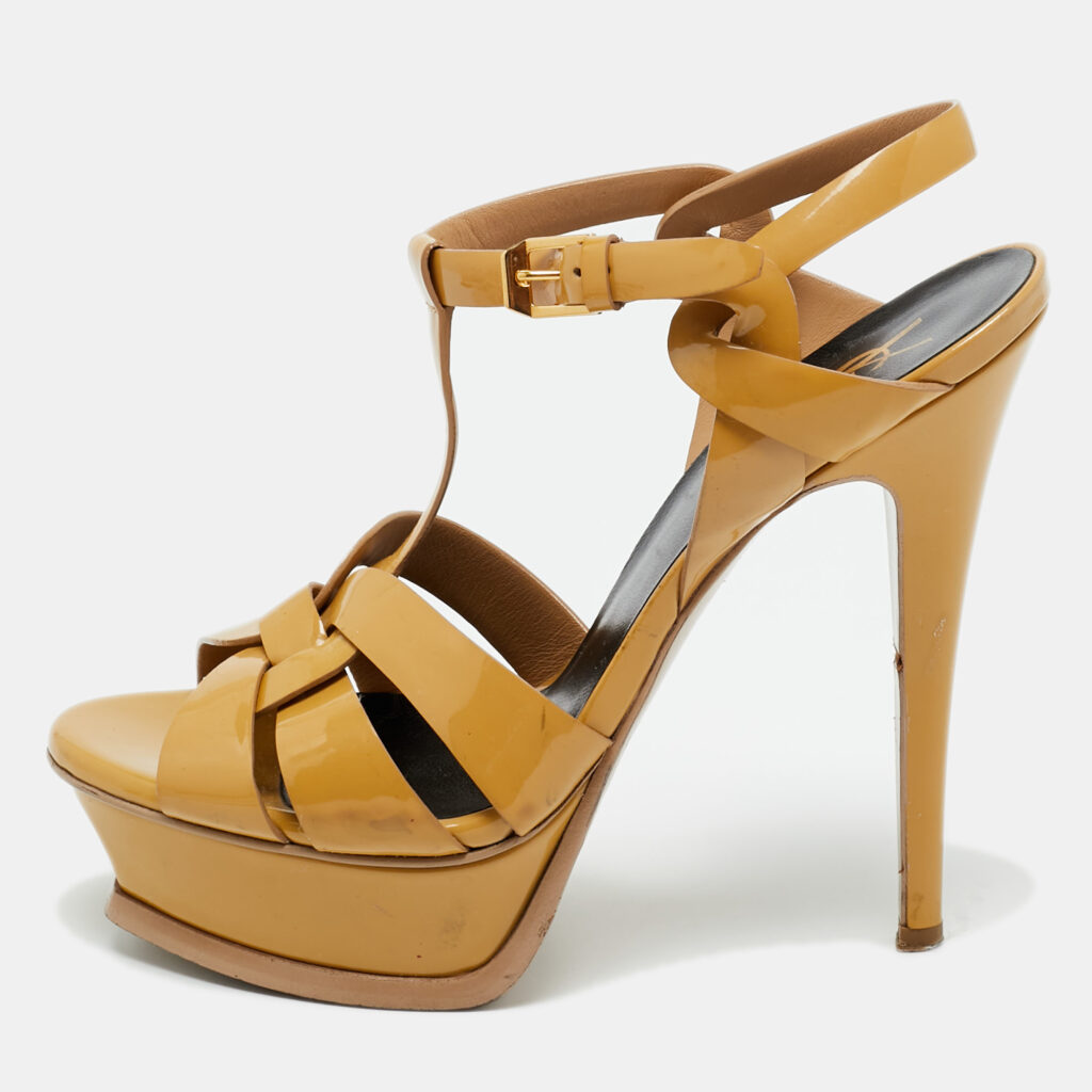 Saint Laurent Beige Patent Leather Tribute Platform Sandals Size 36.5