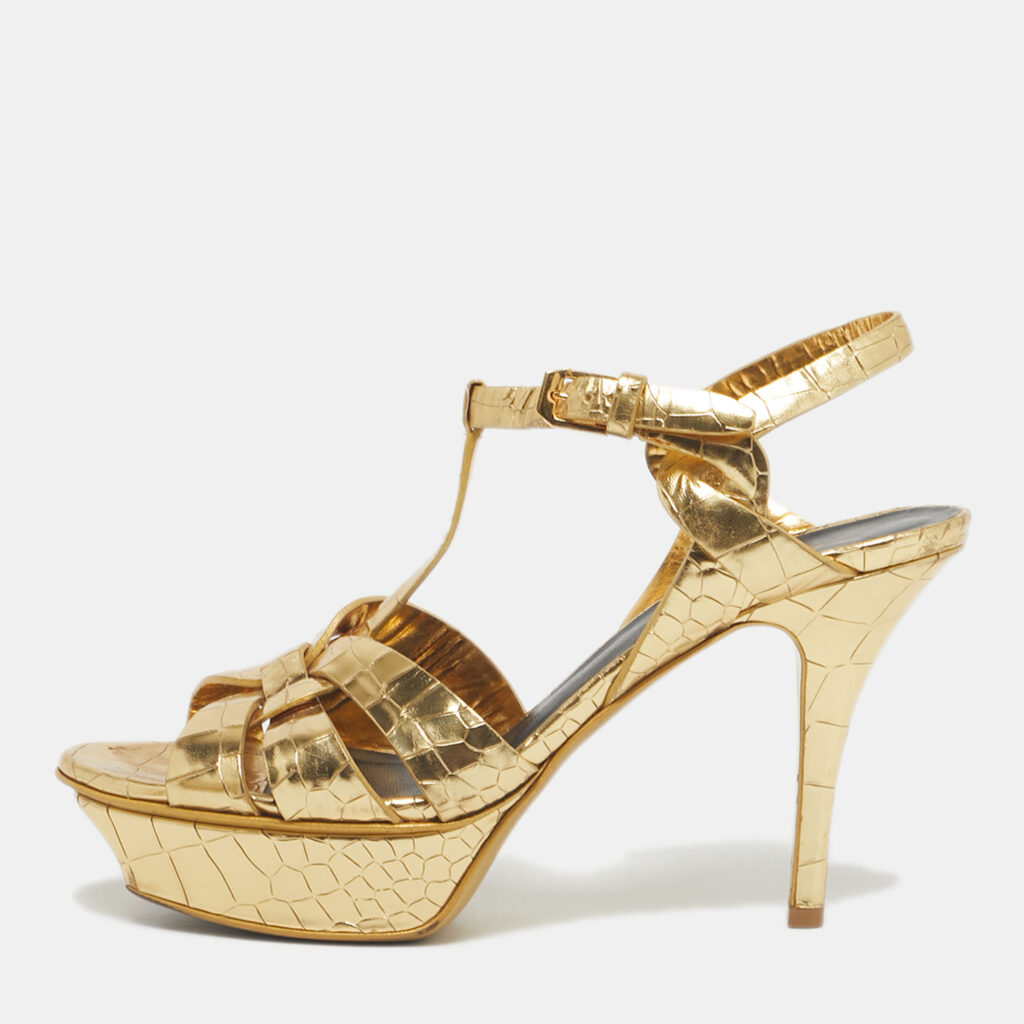 Saint Laurent Gold Croc Embossed Leather Tribute Platform Sandals Size 37.5 Saint Laurent Gold Croc Embossed Leather Tribute Platform Sandals Size 37.5