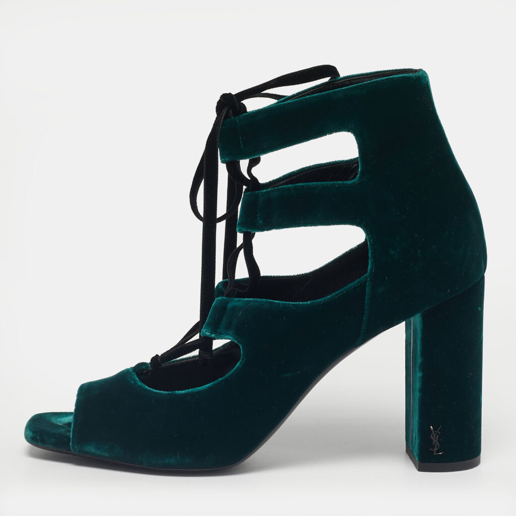 Saint Laurent Dark Green Velvet Loulou Ankle Tie Sandals Size 41