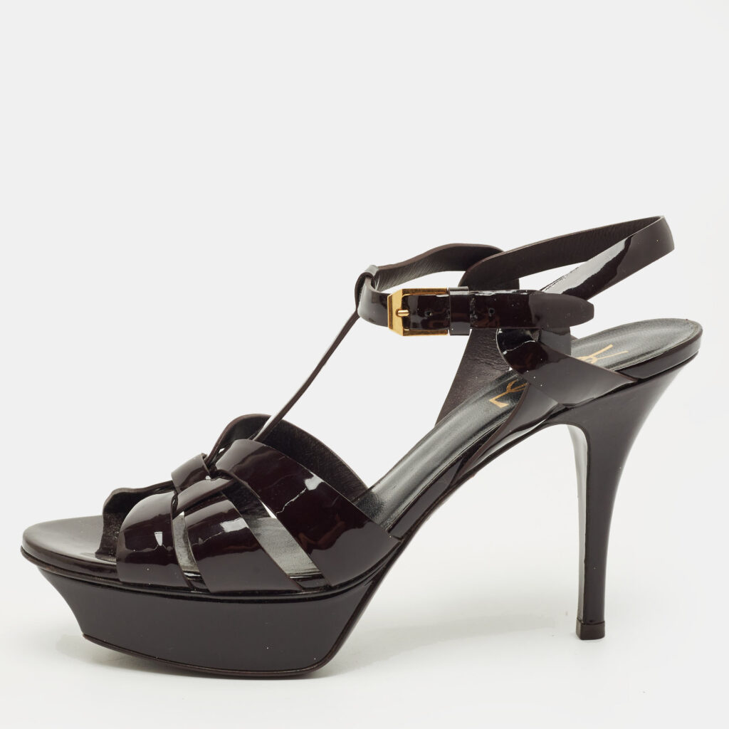 Saint Laurent Paris Burgundy Patent Leather Tribute Platform Sandals Size 37.5