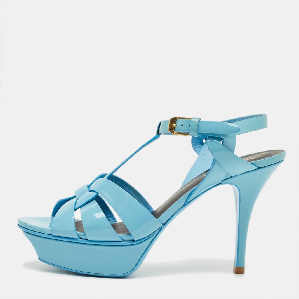 Saint Laurent Paris Sky Blue Patent Leather Tribute Platform Sandals Size 37.5 Saint Laurent Paris Sky Blue Patent Leather Tribute Platform Sandals Size 37.5