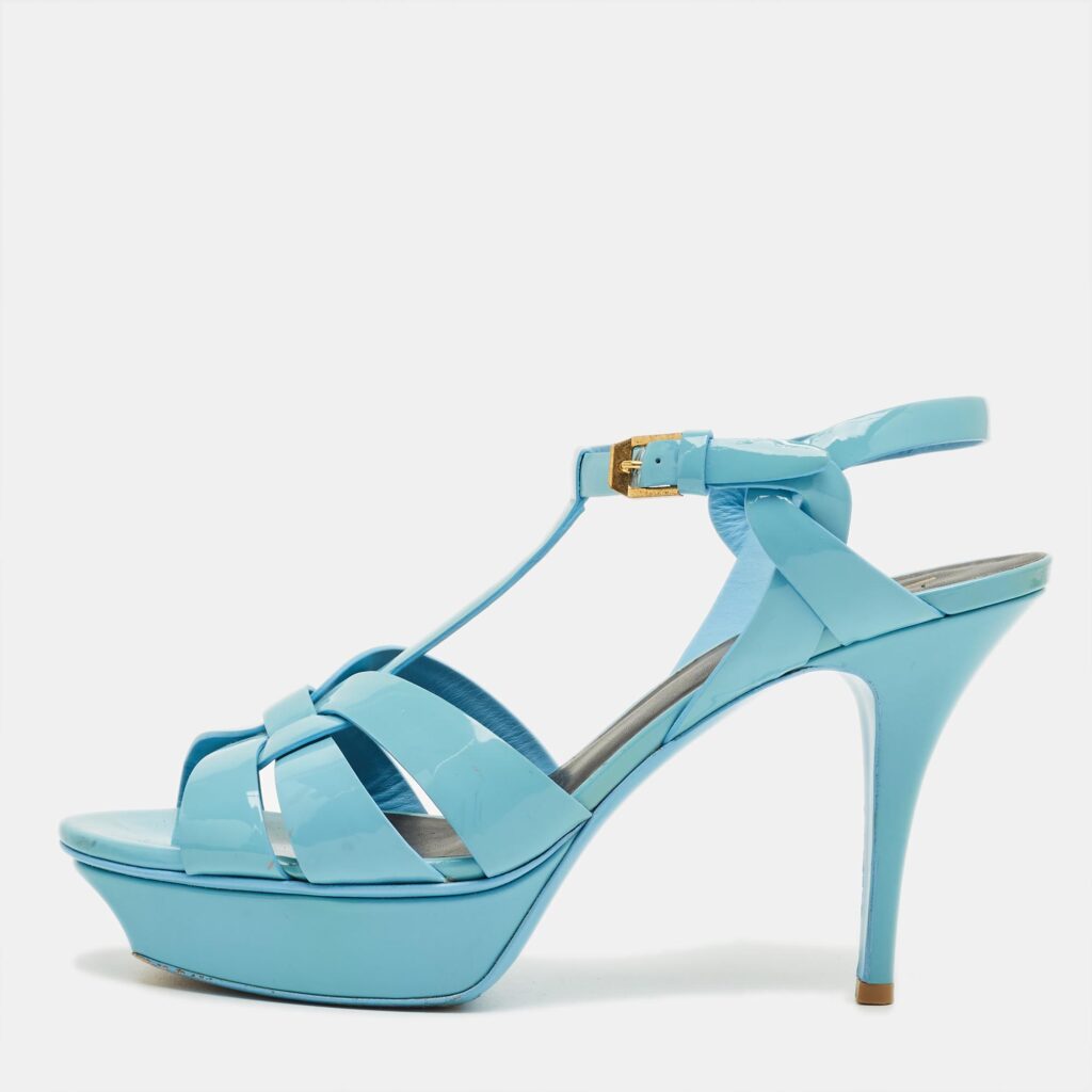 Saint Laurent Blue Patent Leather Platform Sandals Size 40 Saint Laurent Blue Patent Leather Platform Sandals Size 40