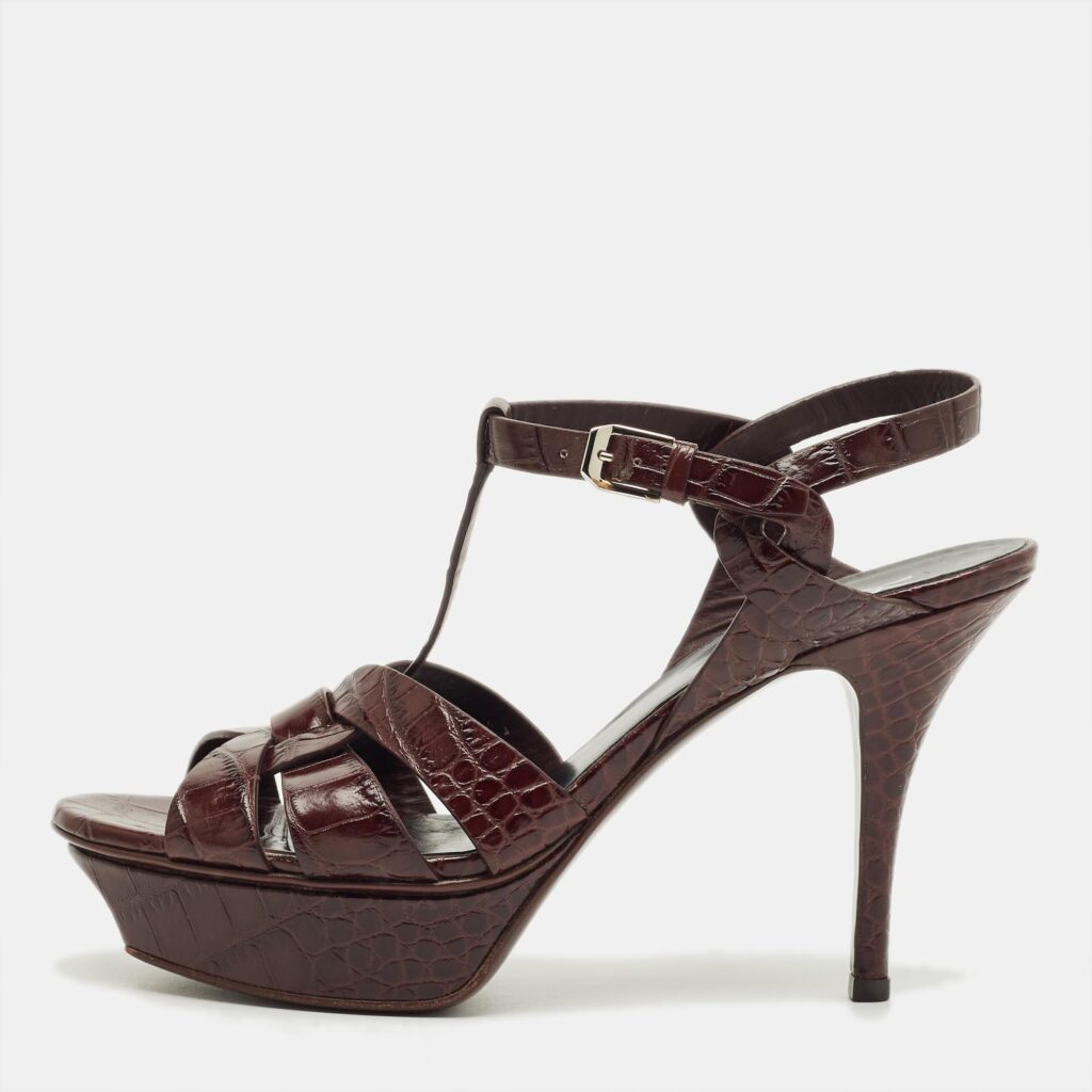 Saint Laurent Burgundy Croc Embossed Leather Tribute Ankle Strap Sandals Size 38