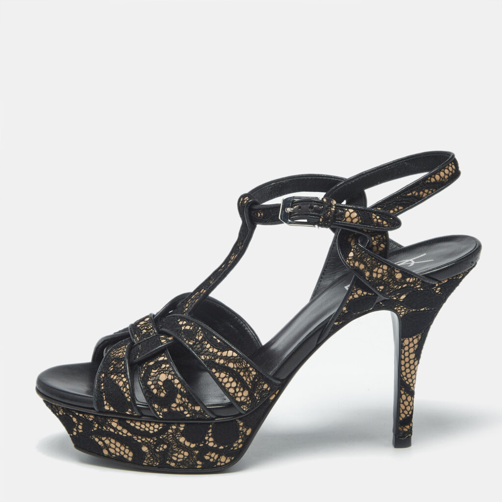 Saint Laurent Beige/Black Suede and Mash Tribute Ankle Strap Sandals Size 38 Saint Laurent Beige/Black Suede and Mash Tribute Ankle Strap Sandals Size 38