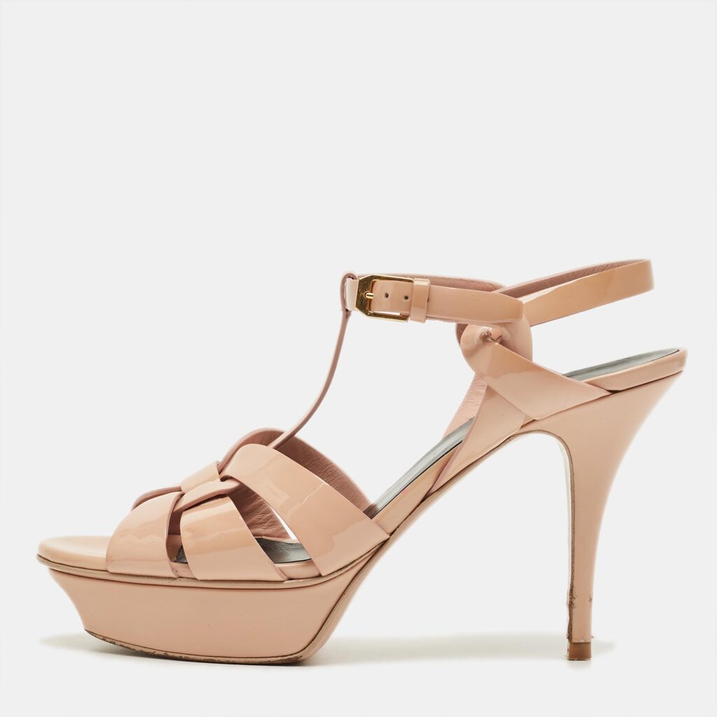 Saint Laurent Beige Patent Leather Tribute Platform Sandals Size 39 Saint Laurent Beige Patent Leather Tribute Platform Sandals Size 39