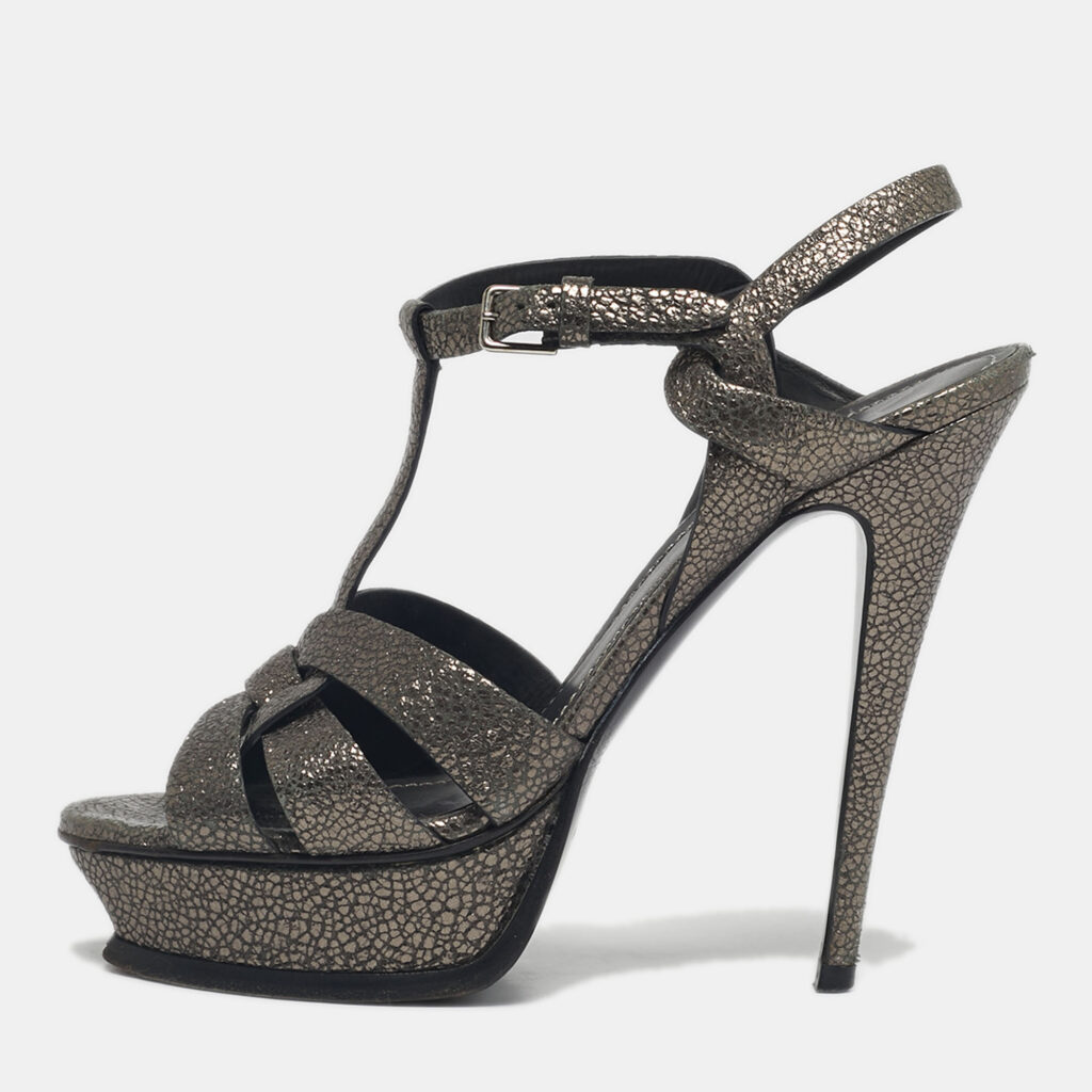 Saint Laurent Grey/Gold Leather Tribute Platform Sandals Size 39