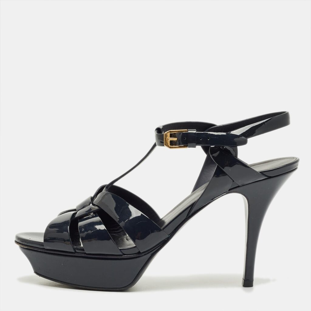 Saint Laurent Navy Blue Patent Leather Tribute Platform Sandals Size 40 Saint Laurent Navy Blue Patent Leather Tribute Platform Sandals Size 40