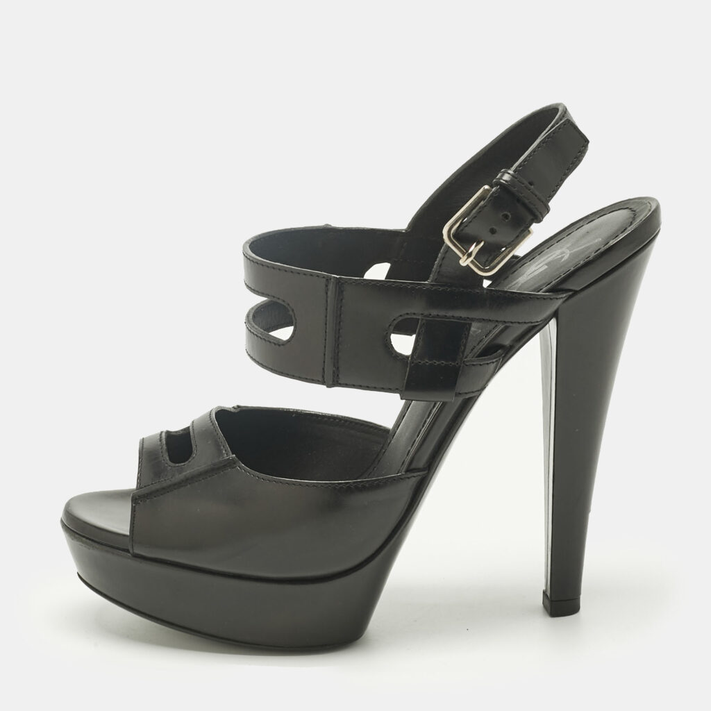 Saint Laurent Black Leather Double Cutout Strap Ankle Strap Sandals Size 36.5
