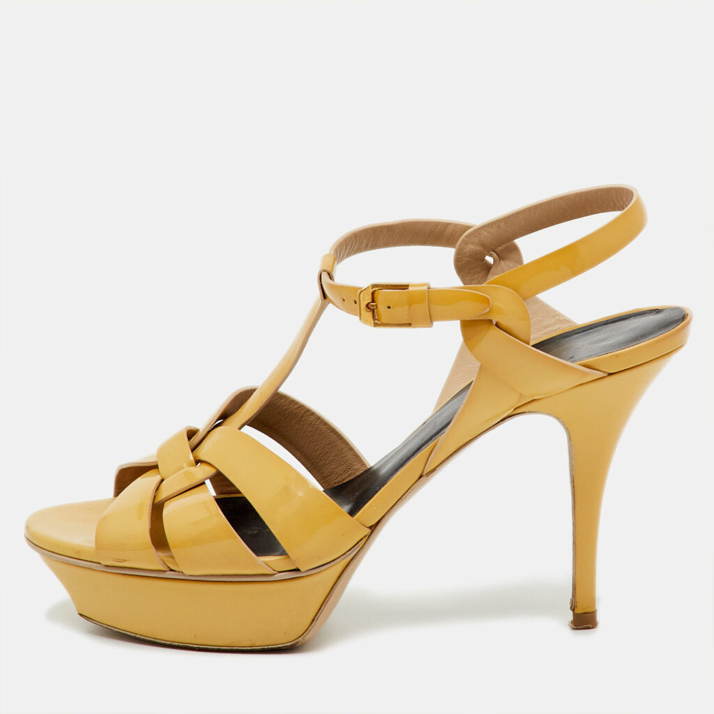 Saint Laurent Beige Patent Leather Tribute Platform Sandals Size 39