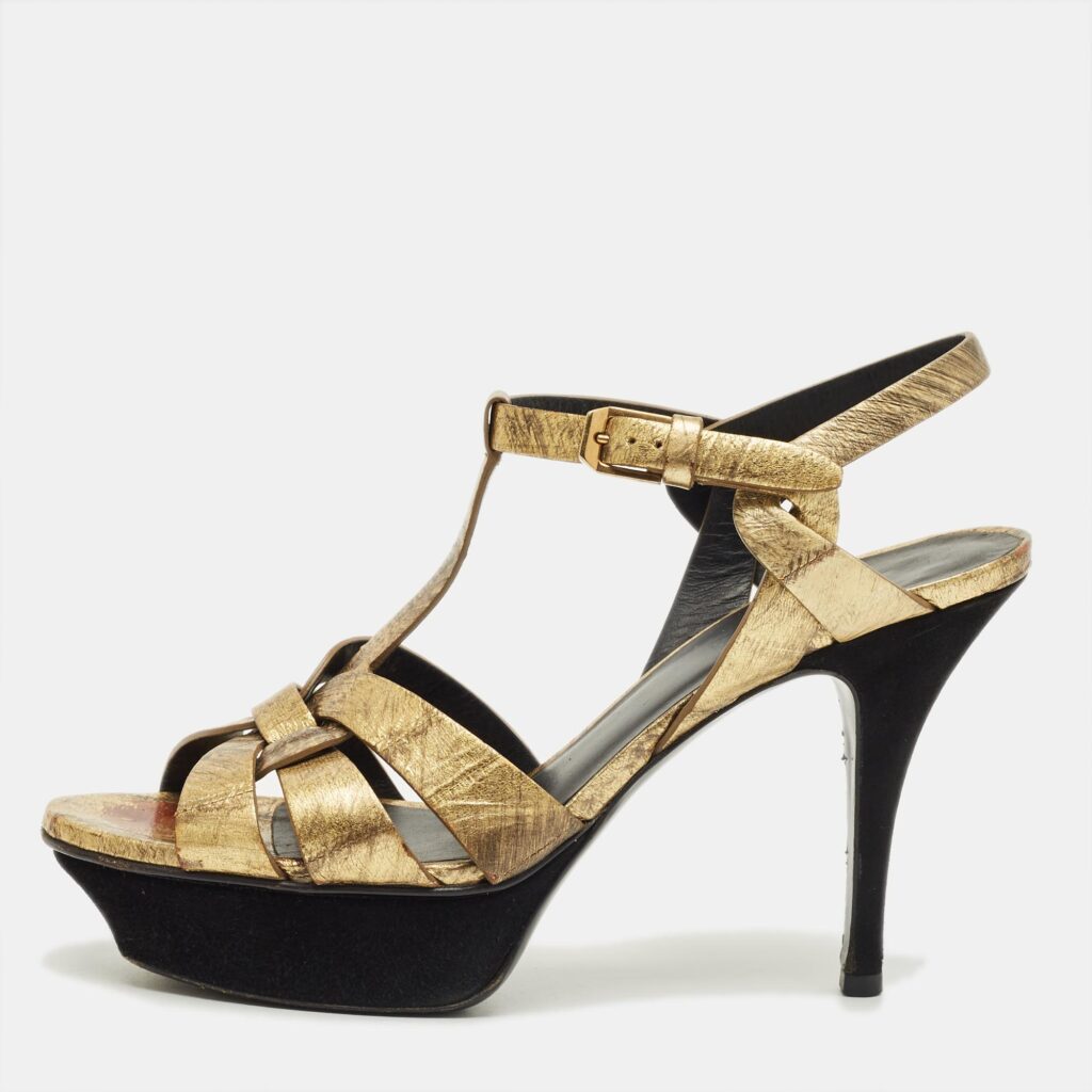 Saint Laurent Gold Eel Leather Tribute Platform Sandals Size 37 Saint Laurent Gold Eel Leather Tribute Platform Sandals Size 37