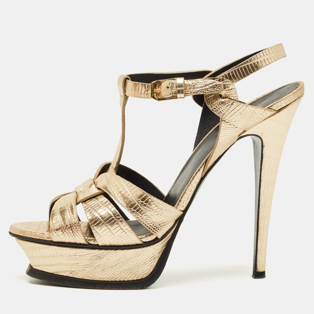 Saint Laurent Metallic Gold Lizard Embossed Leather Tribute Platform Sandals Size 39.5