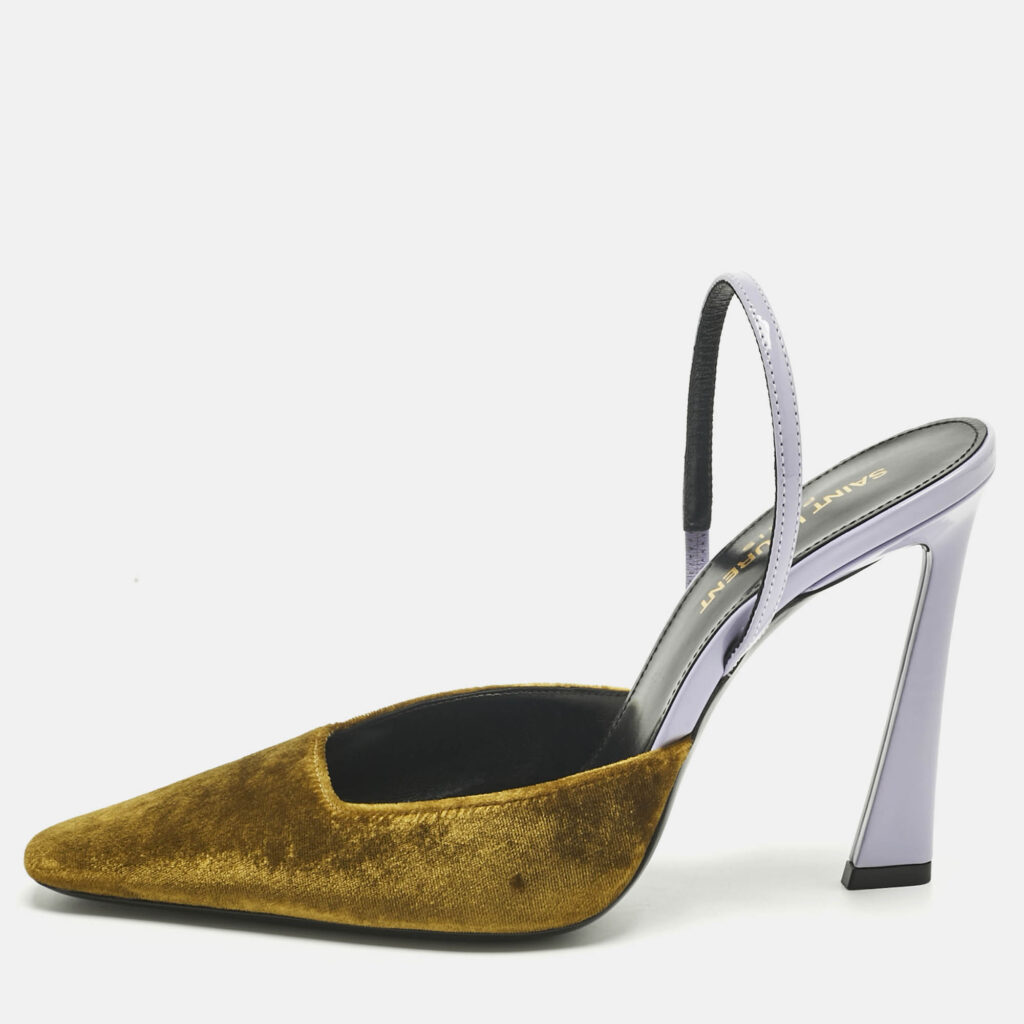 luxury-women-saint-laurent-paris-used-shoes-p1242148-011-1.jpg Saint Laurent Gold/Purple Velvet and Patent Leather Blade Slingback Pumps Size 37.5