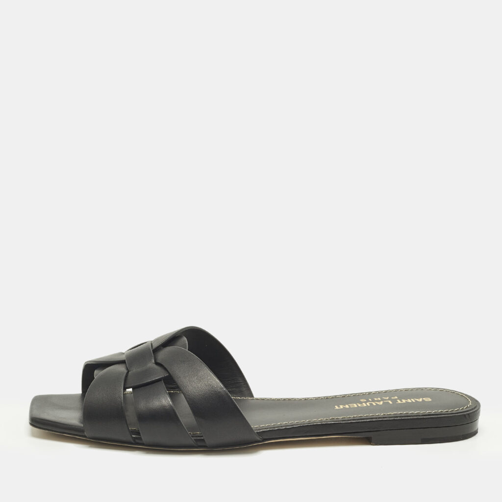 Saint Laurent Black Leather Tribute Flat Sandals Size 37.5