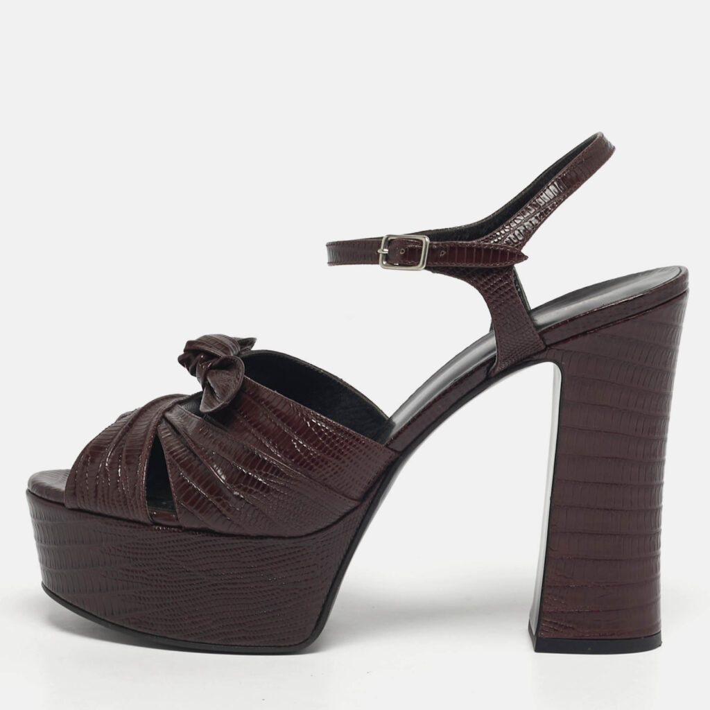 Saint Laurent Burgundy Lizard Embossed Leather Candy Platform Ankle Strap Sandals Size 40.5