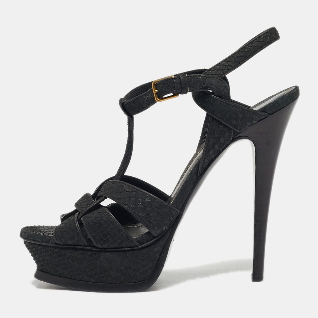 Saint Laurent Black Python Leather Tribute Ankle Strap Sandals Size 38 Saint Laurent Black Python Leather Tribute Ankle Strap Sandals Size 38