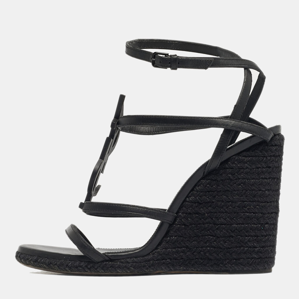 luxury-women-saint-laurent-paris-used-shoes-p1245615-010.jpg Saint Laurent Black Leather Tribute Wedge Espadrille Sandals Size 39.5